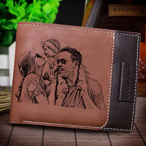Personalized men's photo shot wallet Genuine Leather Brown